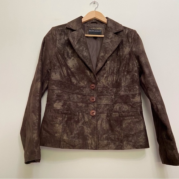 Brown leather blazer BERNARDO gold genuine leather jacket soft classy funky - Picture 4 of 16
